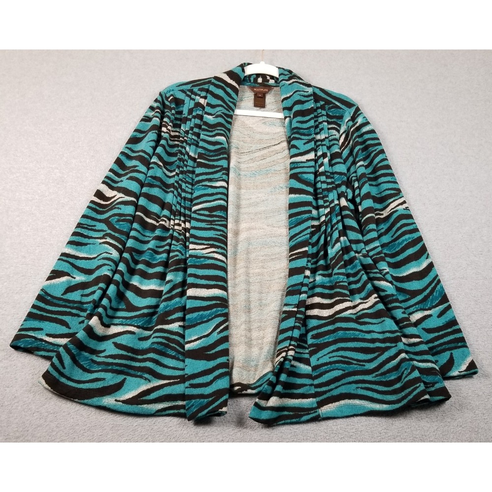 Multiples Cardigan Womens 1X Plus Blue Black Zebra Print Open Front Sweater Knit